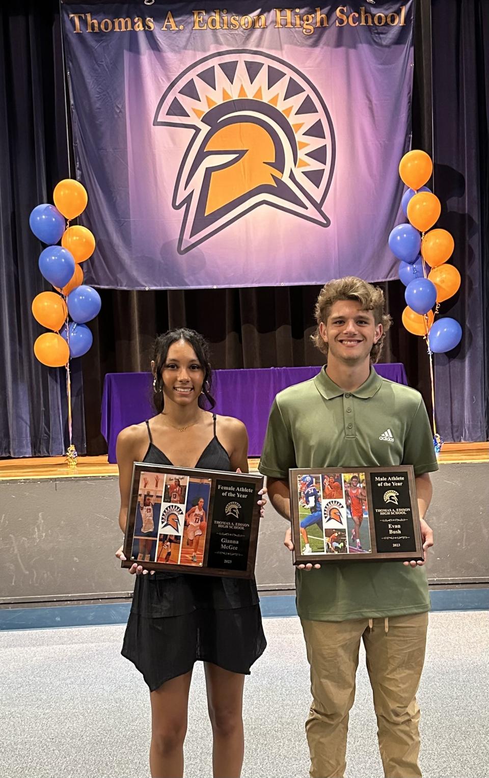 Thomas A. Edison's Gianna McGee and Evan Bush were honored as the school's Athletes of the Year during the 2022-23 awards ceremony June 12, 2023.