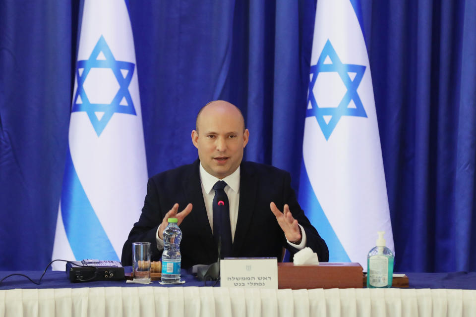 Israeli Prime Minister Naftali Bennett attends a cabinet meeting at the Ministry of Foreign Affairs office in Jerusalem on Saturday, Sept. 11, 2021. (Abir Sultan/Pool Photo via AP)