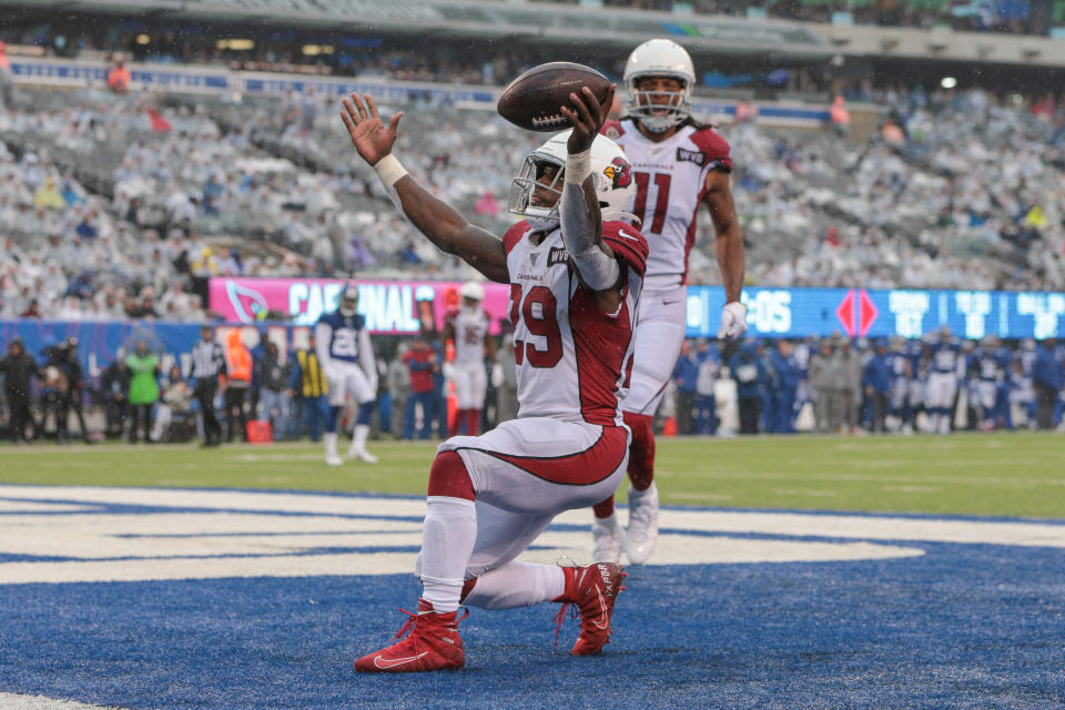 Oct 20, 2019; East Rutherford, NJ, USA; Arizona Cardinals running back Chase Edmonds (29) celebrates his third touchdown of the game against the New York Giants during the second half at MetLife Stadium. Mandatory Credit: Vincent Carchietta-USA TODAY Sports