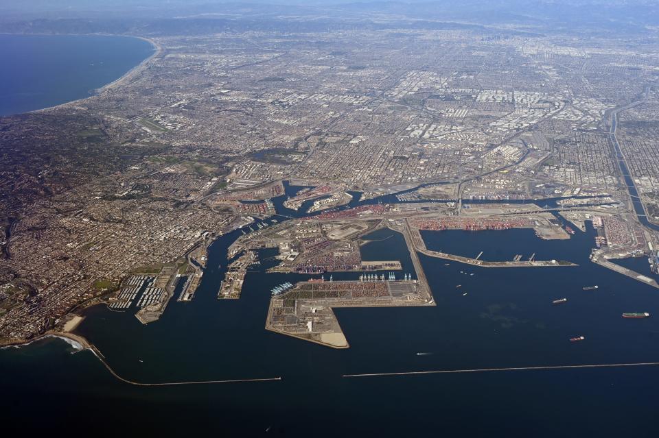 This aerial view shows the Port of Long Beach in California on January 8, 2024.