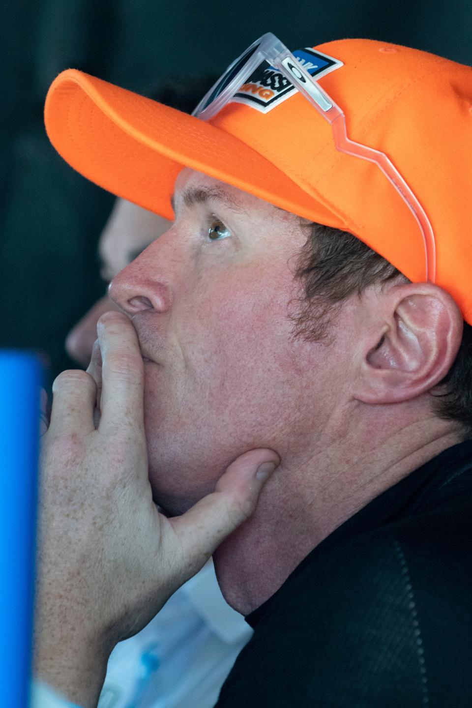 Chip Ganassi Racing driver Scott Dixon (9) sits his his pit box Saturday, May 14, 2022, during practice for the GMR Grand Prix at Indianapolis Motor Speedway. 