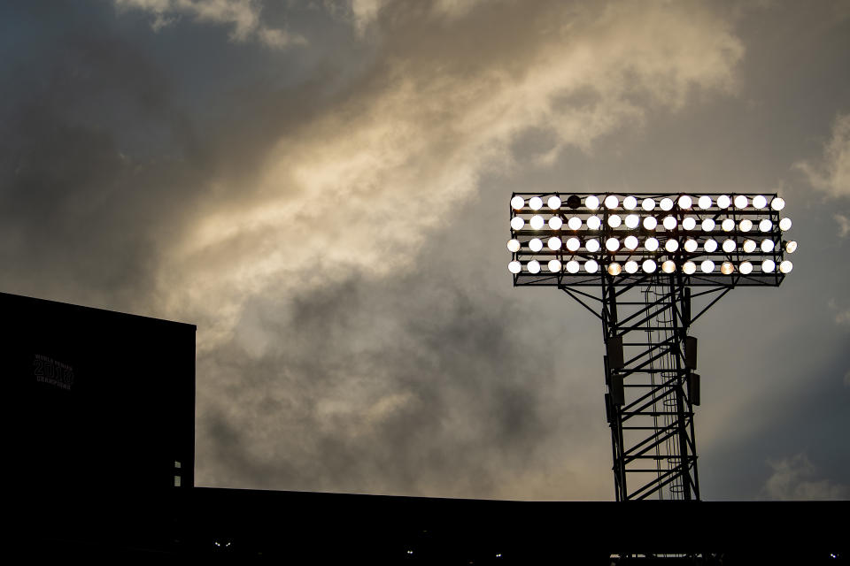 BOSTON, MA - APRIL 9: A light tower is displayed as the Major League Baseball season is postponed due the coronavirus pandemic on April 9, 2020 at Fenway Park in Boston, Massachusetts. (Photo by Billie Weiss/Boston Red Sox/Getty Images)