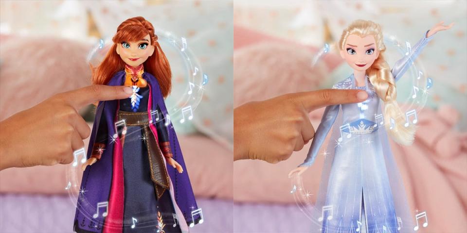 The Anna and Elsa singing fashion dolls are wearing new outfits that can be seen in the sequel.
