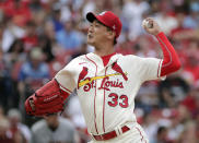 St. Louis Cardinals starting pitcher Kwang Hyun Kim throws during the first inning of the team's baseball game against the San Francisco Giants, Saturday, July 17, 2021, in St. Louis. (AP Photo/Tom Gannam)