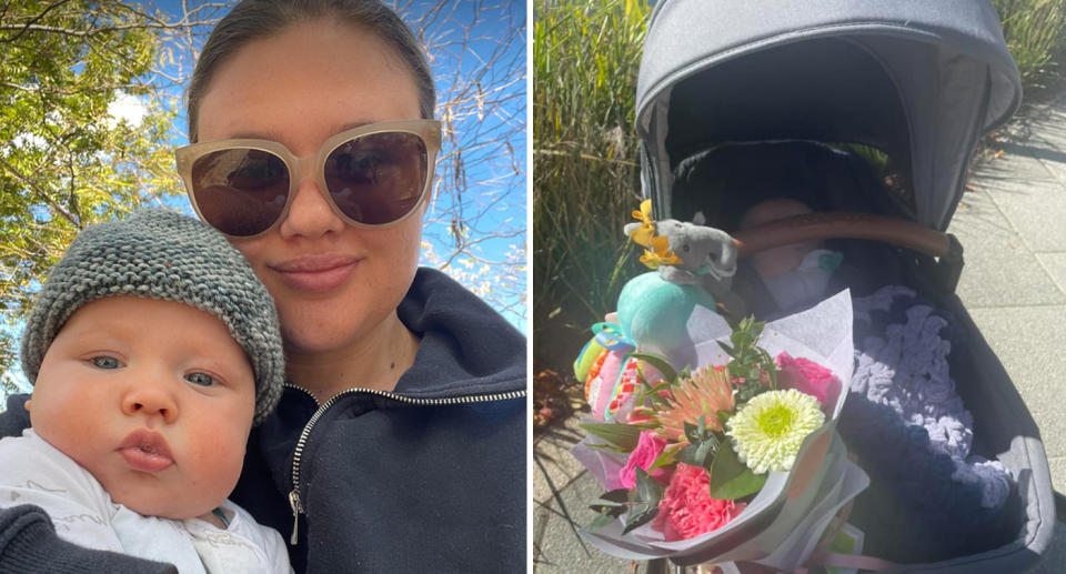 Left, Ashleigh can be seen smiling at the camera while holding her young son, who wears a hat. Right, the flowers can be seen attached to her son's pram while he sleeps.