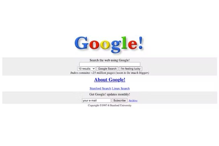 Portada del prototipo de Google el 11 de noviembre de 1998, cuando el buscador todavía estaba alojado en la web de la Universidad de Stanford