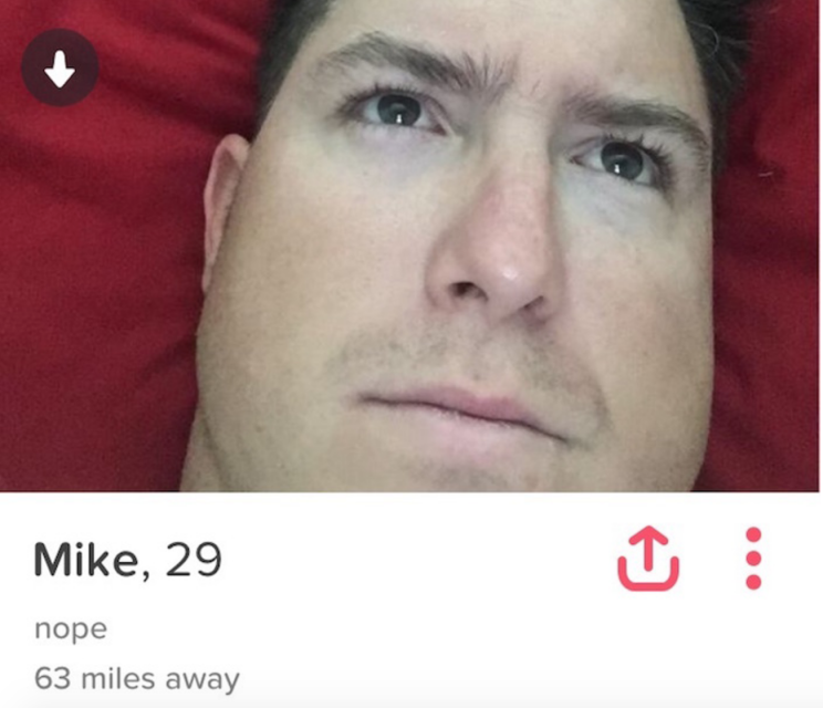 Mike's wife edited his Tinder profile after she discovered his account. Photo from BroBible.com.