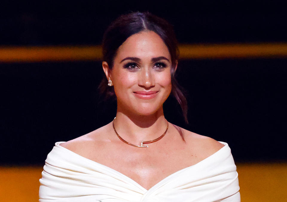 THE HAGUE, NETHERLANDS - APRIL 16: (EMBARGOED FOR PUBLICATION IN UK NEWSPAPERS UNTIL 24 HOURS AFTER CREATE DATE AND TIME) Meghan Markle Duchess of Sussex makes a speech on stage during the Opening Ceremony of the Invictus Games 2020 at Zuiderpark on April 16, 2022 in The Hague, Netherlands. (Photo by Max Mumby/Indigo/Getty Images)