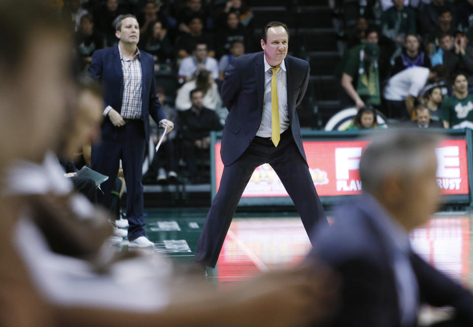 Wichita State head coach Gregg Marshall watches his team on defense against the USF Bulls during the second half of an NCAA basketball game, Tuesday, Jan. 21, 2020 in Tampa, Fla. (Octavio Jones/Tampa Bay Times via AP)