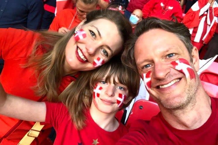 Eva, 43, Henry, 9, and Lane Greene, 45, were surrounded by a mob on the way home from Wembley defeat (Supplied)