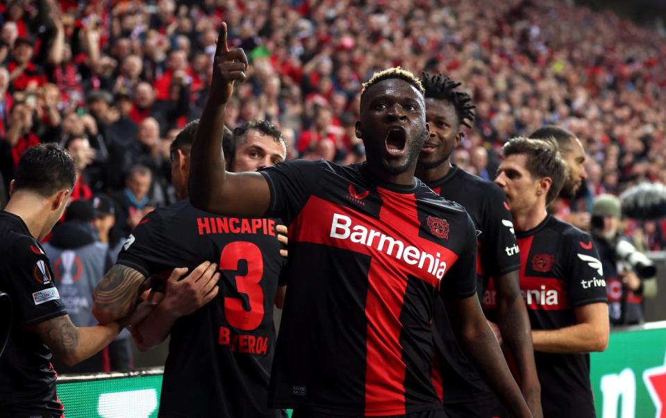 Victor Boniface celebrates his brilliant goal against West Ham