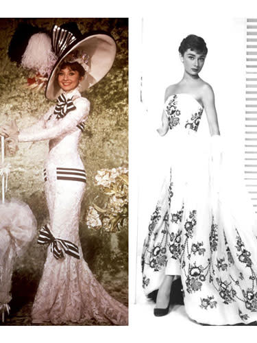 <div class="caption-credit"> Photo by: Courtesy Everett Collection</div><div class="caption-title">Audrey Hepburn, tie: Sabrina and My Fair Lady</div>Fashion icon Audrey Hepburn has worn department stores' worth of dreamy concoctions thanks to her bestie, Hubert de Givenchy, who designed many of her dresses on and off-screen. So, we had to declare a tie between Givenchy's uncredited heavenly black-and-white embroidered perfection in <i>Sabrina</i> (with a detachable train, natch) and <i>My Fair Lady's</i> big Eliza Doolittle ascot moment, a slim column lace dress wrapped in bold, contrasting striped ribbon. It won costume designer Cecil Beaton an Oscar for Best Costume Design in the process.