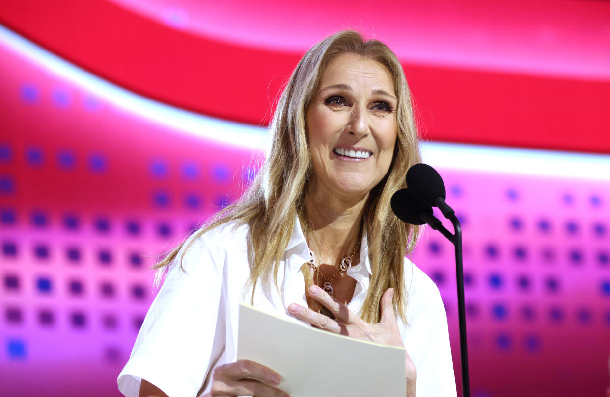 Celine Dion announces the fifth overall pick of the Montreal Canadiens onstage during the first round of the 2024 Upper Deck NHL Draft at Sphere on June 28, 2024 in Las Vegas, Nevada. (Photo by Dave Sandford/NHLI via Getty Images)