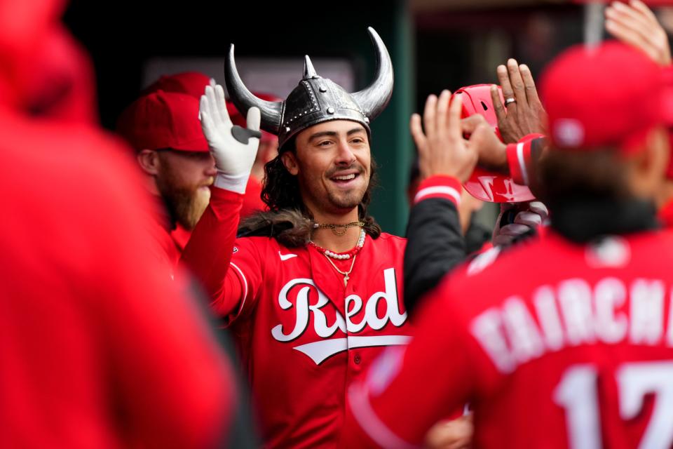 Cincinnati Reds second baseman Jonathan India (6) is congratulated in the dugout after hitting a solo home run earlier this season at Great American Ball Park. Fans can receive a free Jonathan India Bobblehead on Saturday, while supplies last.