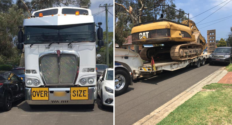 This truck became stuck between cars parked on both sides of Mooki  Street in Miranda. Source: Facebook