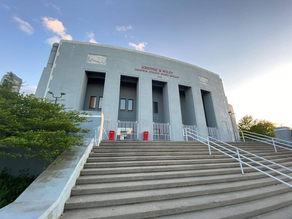 The Johnnie B. Wiley Amateur Athletic Sports Pavilion on Dodge Street and Jefferson Avenue retains the facade of the old War Memorial "rock pile" the Buffalo Bills once called their home. It stands 1,500 feet from the site of the May 14, 2022 mass shooting at a Tops Friendly Markets store that killed 10.