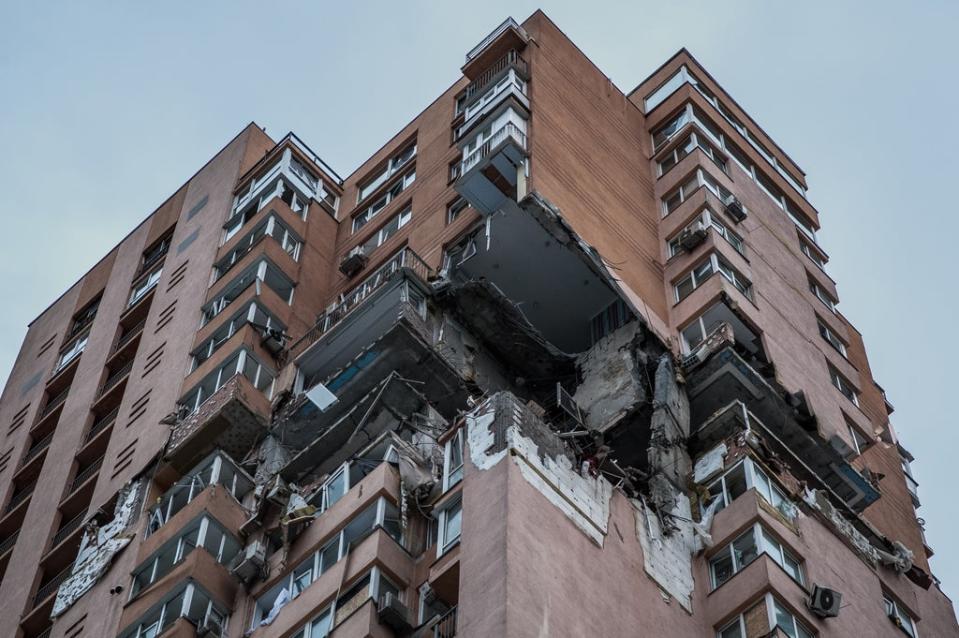 One of the first residential buildings in Kyiv, which suffered from the bombing in February (Alina Smutko)