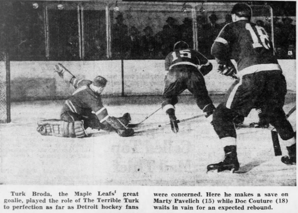 Red Wings forward Marty Pavelich moves in on the Toronto goal on April 7, 1950, at Olympia Stadium.