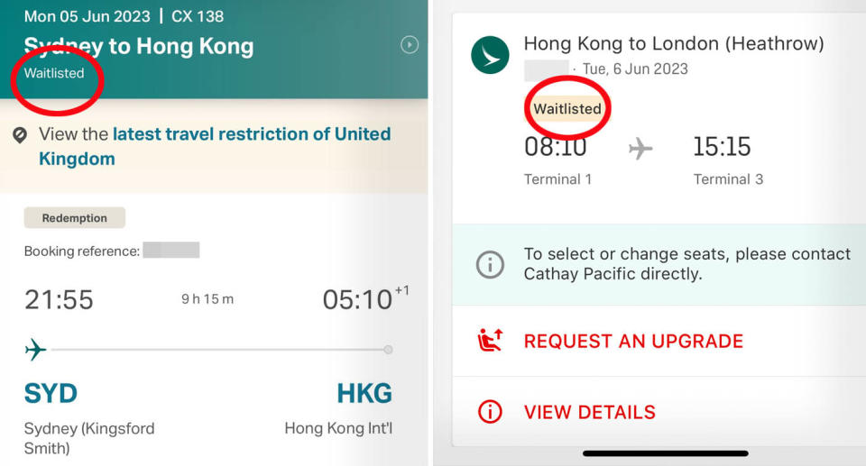 Screenshots of the passengers two Cathay Pacific flights, which say waitlisted.