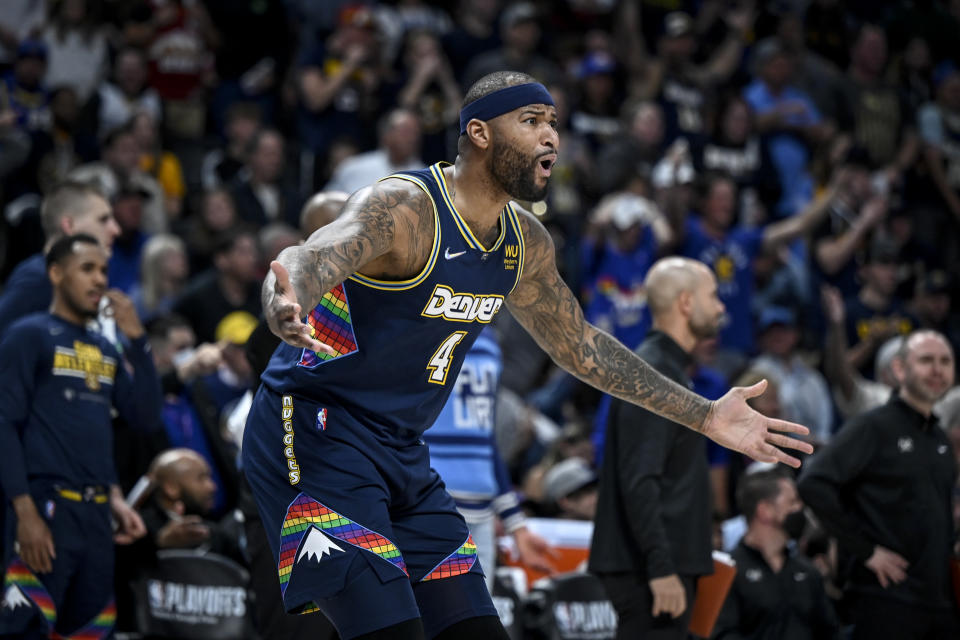 DENVER, CO - APRIL 24: DeMarcus Cousins (4) of the Denver Nuggets is given a technical foul during the second quarter against the Golden State Warriors at Ball Arena on Sunday, April 24, 2022. (Photo by AAron Ontiveroz/MediaNews Group/The Denver Post via Getty Images)