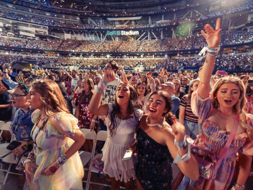 PHOTO: Fans enjoy Taylor Swift's performance during The Eras Tour at SoFi Stadium in Inglewood, Calif.,  Aug. 7, 2023.  (Allen J. Schaben/Los Angeles Times via Getty Images, FILE)