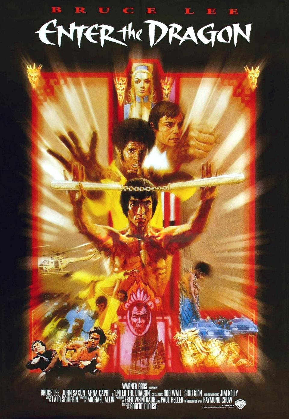 Enter The Dragon, poster, from top: Ahna Capri, John Saxon, Jim Kelly, Bruce Lee on poster art, 1973. (Photo by LMPC via Getty Images)