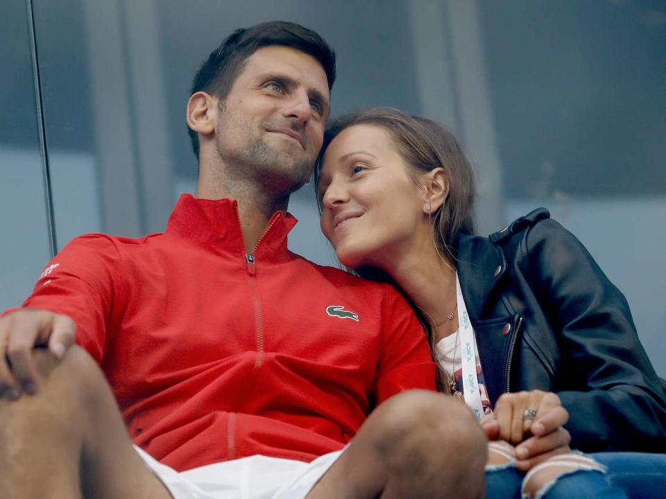 Novak Djokovic (L) of Serbia relaxes with his wife Jelena Djokovic (R) after the exhibition doubles match of the Adria Tour charity exhibition hosted by Novak Djokovic, on June 12, 2020 in Belgrade, Serbia