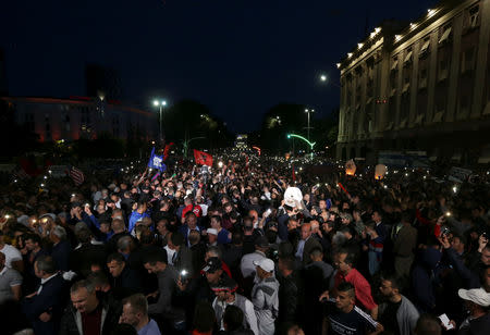 Supporters of the opposition party attend an anti-government protest in front of Prime Minister Edi Rama's office in Tirana, Albania, May 25, 2019. REUTERS/Florion Goga