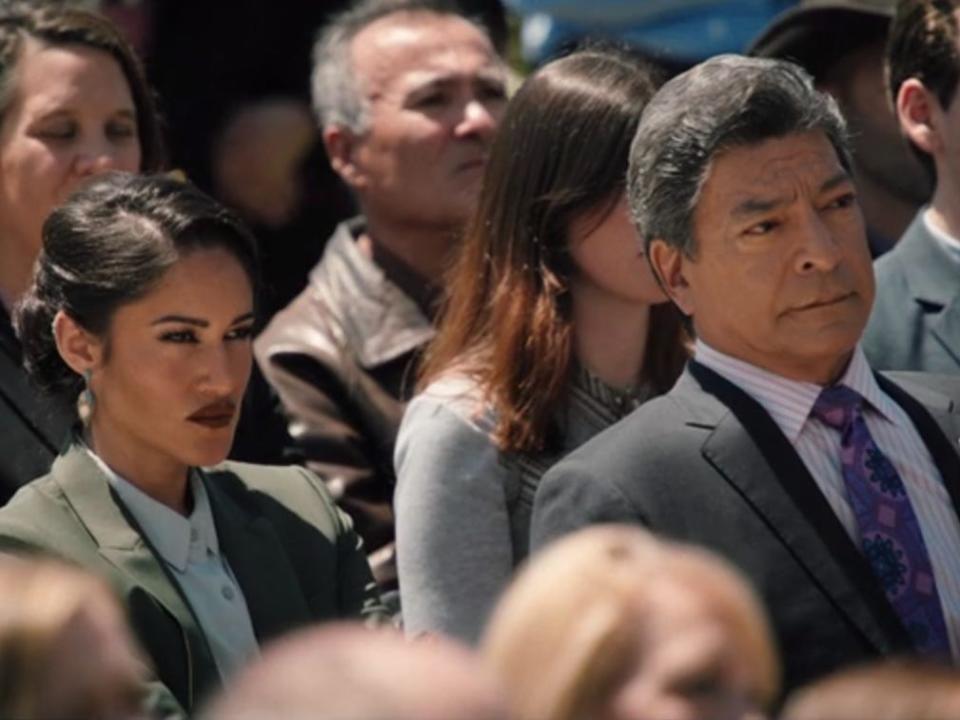 Angela Blue Thunder (Q'orianka Kilcher) and Thomas Rainwater (Gil Birmingham) in "Yellowstone" season five.