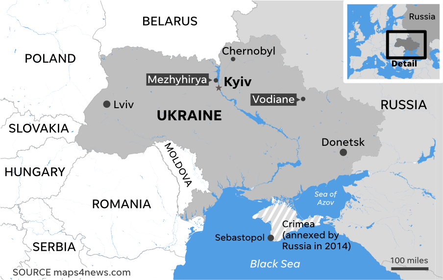 A map shows Russia, Ukraine and Crimea, which was annexed by Russia in 2014.