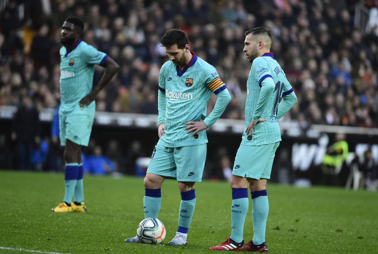 Barcelona has little strategy beyond Lionel Messi's brilliance at this point. (Photo by JOSE JORDAN/AFP via Getty Images)