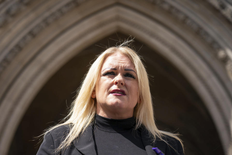 The mother of Archie Battersbee, Hollie Dance, speaks to the media outside the Royal Courts of Justice, London, Monday, July 25, 2022. The parents of a 12-year-old boy in Britain who was left in a comatose state after suffering “catastrophic” brain damage have lost a court appeal to stop doctors from ending life support for their son. Three Court of Appeal judges delivered a ruling about what was in the best interests of Archie Battersbee, who was found unconscious at home on April 7. (Dominic Lipinski/PA via AP)