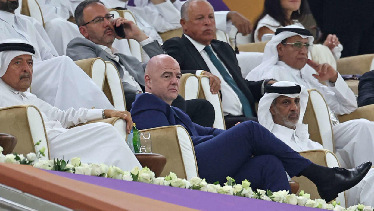 FIFA President Gianni Infantino (C) attends the Lusail Super Cup football match between Saudi Arabia's Al-Hilal and Egypt's Zamalek at the Lusail Stadium on the outskirts of Qatar's capital Doha on September 9, 2022. (Photo by KARIM JAAFAR / AFP)