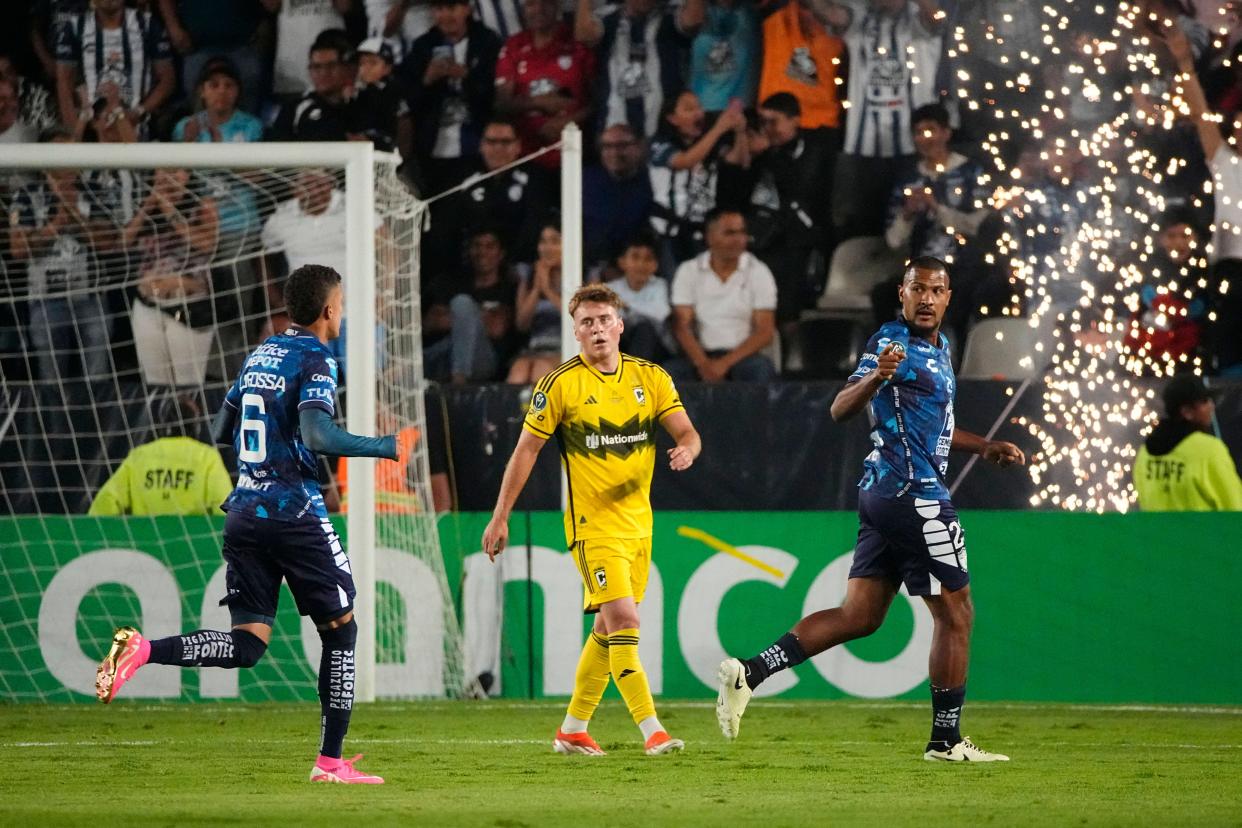 Jun 1, 2024; Pachuca, Hidalgo, Mexico; CF Pachuca forward Salomon Rondon (23) celebrates after scoring a goal against the Columbus Crew in the first half in the 2024 CONCACAF Champions Cup Championship at Estadio Hidalgo. Mandatory Credit: Adam Cairns-USA TODAY Sports