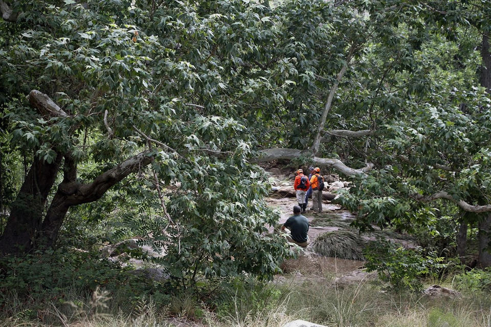 <p>Tonto Search and Rescue volunteers search for missing swimmers near the Water Wheel Campground on Sunday morning, July 16, 2017, in the Tonto National Forest, Ariz., following Saturday’s deadly flash-flooding at a normally tranquil swimming area in the national forest. (Alexis Bechman/Payson Roundup via AP) </p>