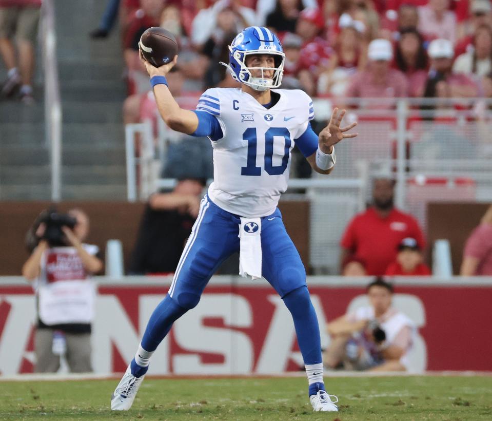 Brigham Young Cougars quarterback Kedon Slovis (10) throws at Razorback Stadium in Fayetteville on Saturday, Sept. 16, 2023. | Jeffrey D. Allred, Deseret News