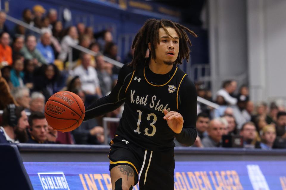 Kent State guard Jalen Sullinger looks to attack the Malone defense Monday. Sullinger hit seven 3s and scored a career-high 30 points Thursday in a double overtime loss to James Madison .