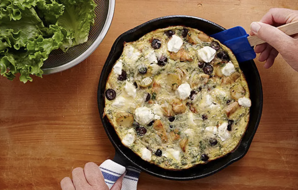 <p>This is a fun twist on a frittata with salty kalamata olives, goat cheese, chicken and fresh dill. Every component is made in the same skillet and then tossed together before it’s baked. </p> <p><a href="https://www.thedailymeal.com/recipes/chicken-frittata-kalamata-olives-recipe?referrer=yahoo&category=beauty_food&include_utm=1&utm_medium=referral&utm_source=yahoo&utm_campaign=feed" rel="nofollow noopener" target="_blank" data-ylk="slk:For the Chicken Frittata with Kalamata Olives recipe, click here.;elm:context_link;itc:0;sec:content-canvas" class="link ">For the Chicken Frittata with Kalamata Olives recipe, click here.</a></p>