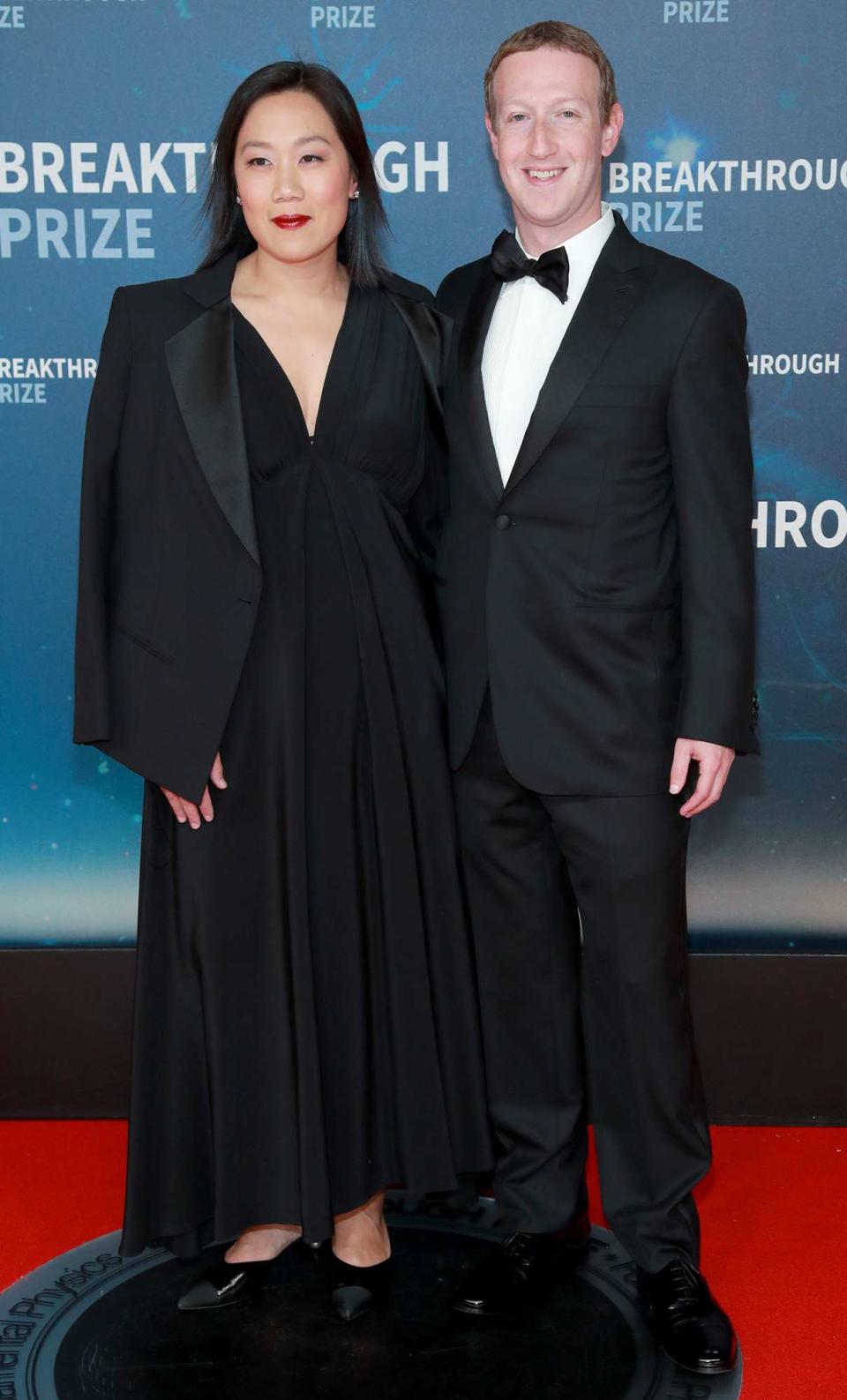 Priscilla Chan and Mark Zuckerberg attend the 8th Annual Breakthrough Prize Ceremony at NASA Ames Research Center on November 03, 2019 in Mountain View, California