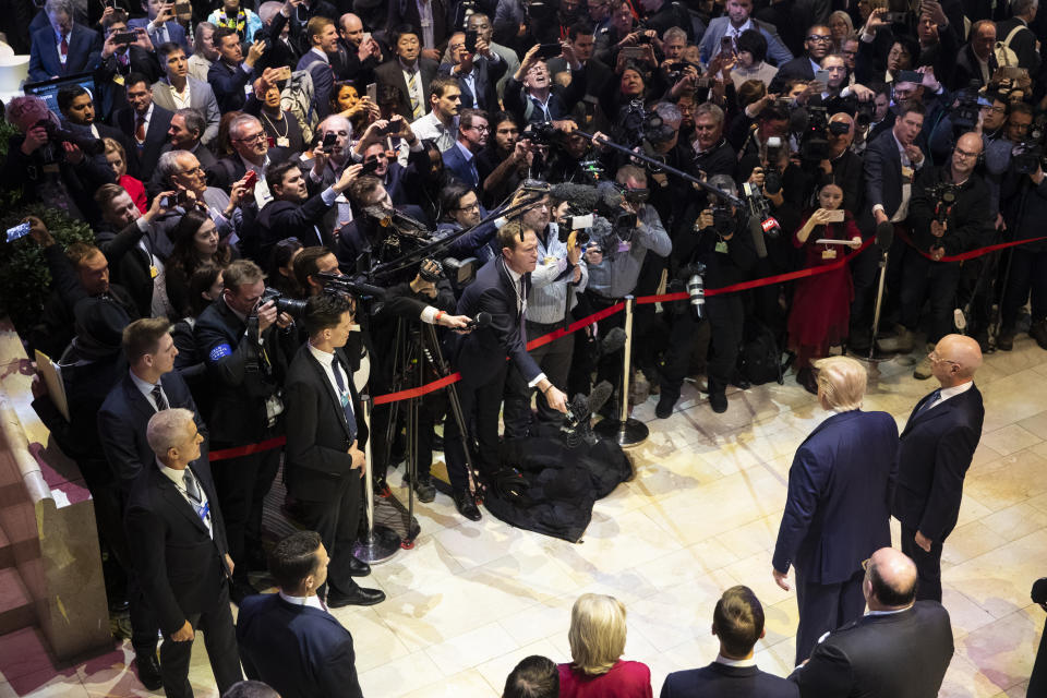 President Donald Trump talks with reporters falling his speech at the World Economic Forum, Tuesday, Jan. 21, 2020, in Davos, Switzerland. (AP Photo/ Evan Vucci)