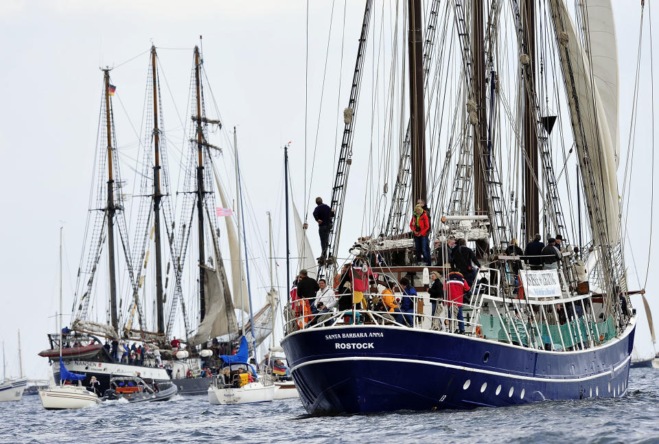 German Santa Barbara Anna sails the Windjammer Parade of tall ships on June 23, 2012 in Kiel, Germany. The parade, which features approximately 100 tall ships and traditional large sailing ships, is the highlight of the Kieler Woche annual sailing festival, which this year is celebrating its 130th anniversary and runs from June 16-24. (Photo by Patrick Lux/Getty Images)