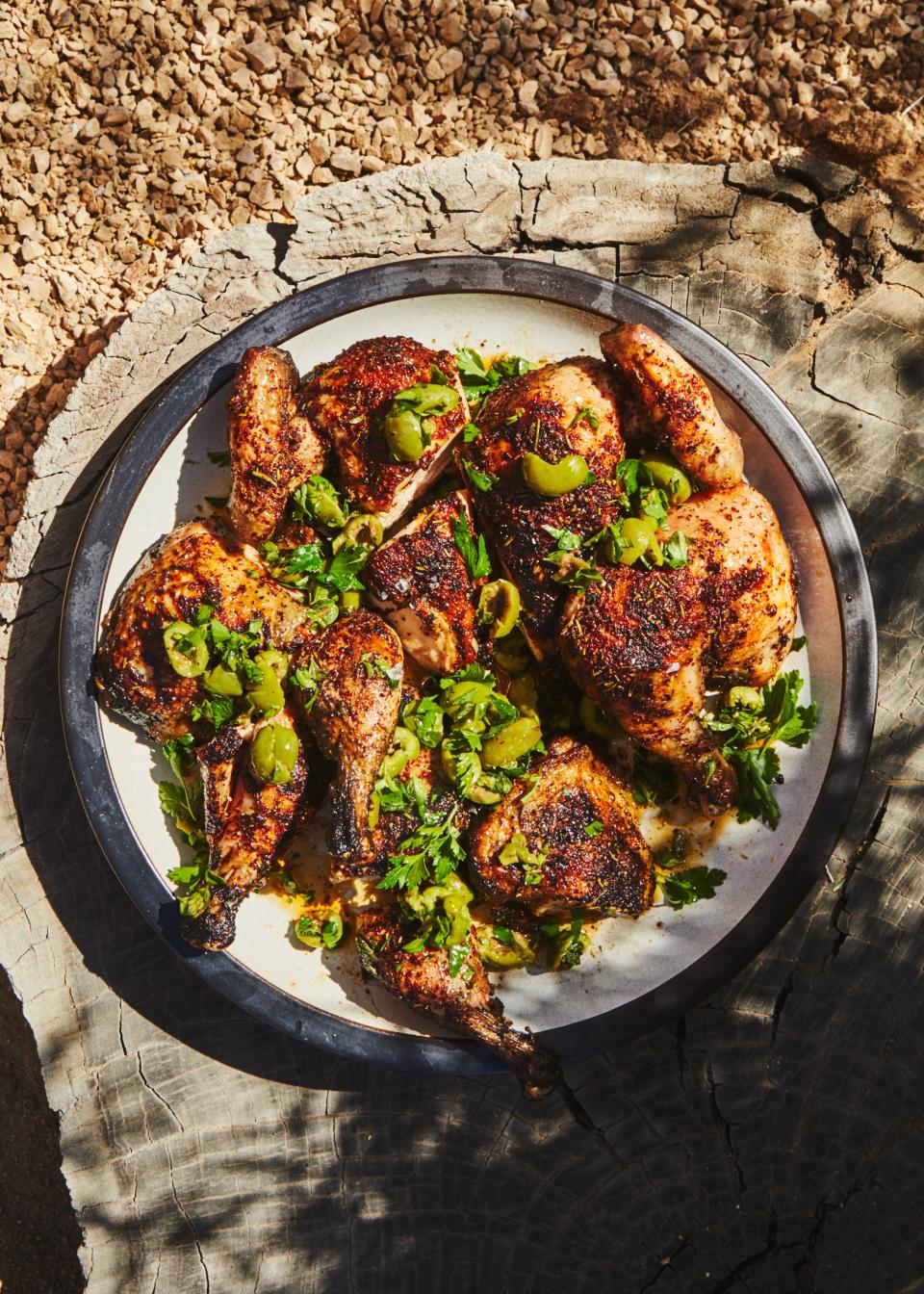 Butterflied Chicken with Herbs and Cracked Olives