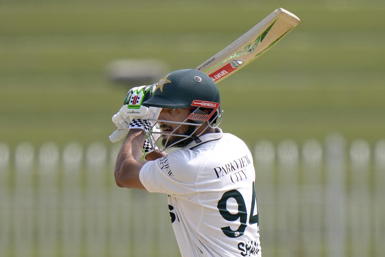 Pakistan's Shan Masood bats during the fourth day of second test cricket match between Pakistan and Bangladesh, in Rawalpindi, Pakistan, Monday, Sept. 2, 2024. (AP Photo/Anjum Naveed)