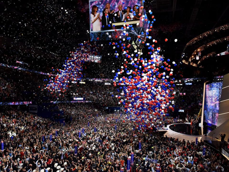 Balloons fall at the end of the 2016 Republican National Convention upon the nomination of Donald Trump.