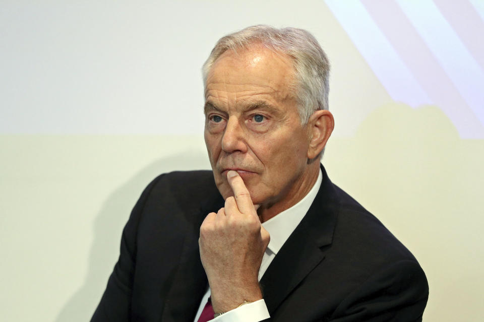 Former British prime minister Tony Blair gives a speech at the Institute for Government in central London, Monday Sept. 2, 2019. Tony Blair warned that politicians face a critical juncture in history as they prepare to consider legislation meant to prevent the country from leaving the European Union without a deal. (Aaron Chown/Pool via AP)