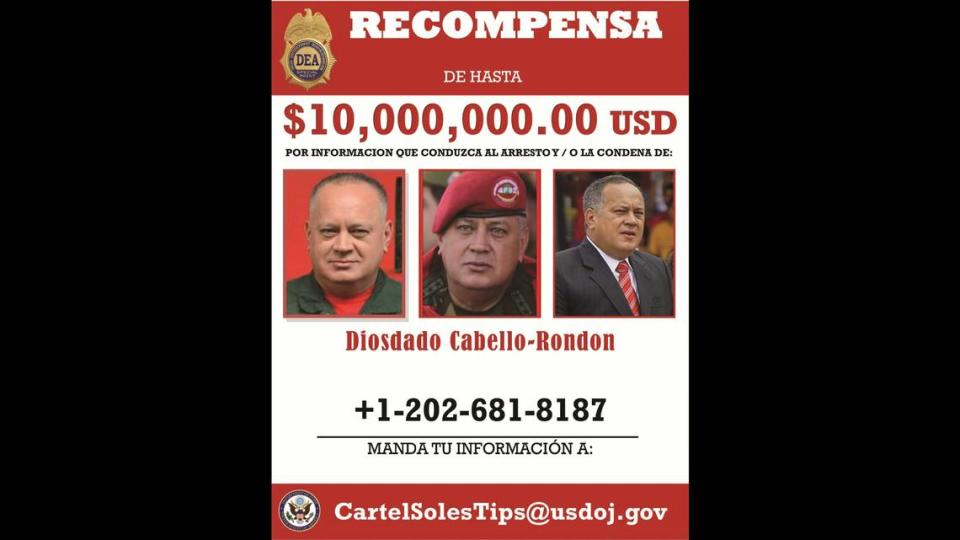 A poster offers rewards for the arrest of top officials in the Venezuelan regime, including Diodado Cabello.