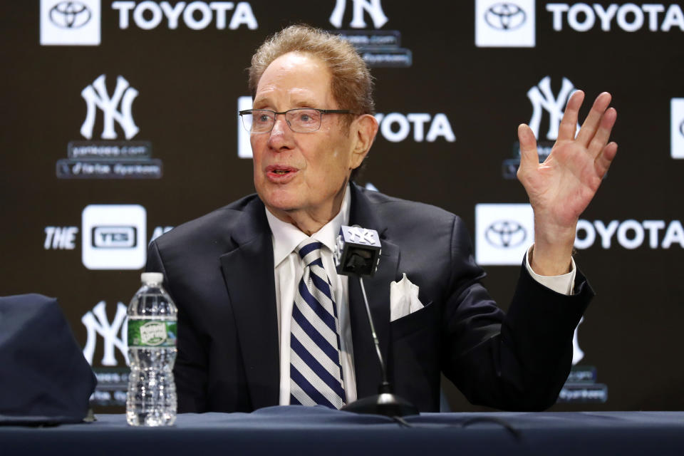 New York Yankees broadcaster John Sterling answers questions from reporters during a baseball press conference before a retirement ceremony at Yankee Stadium in New York, Saturday, April 20, 2024. (AP Photo/Noah K. Murray)