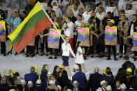 <p>Matt, Meredith, and Hoda took a while to get warmed up, but Meredith had fun with the pronunciation of Lithuanian flag bearer Gintare Scheidt’s name. (AP Photo/Markus Schreiber) </p>