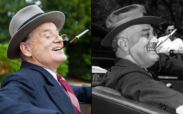 Nicola Dove/Focus Features; Underwood Archives/Getty Images Bill Murray in 'Hyde Park on Hudson'; Franklin D. Roosevelt
