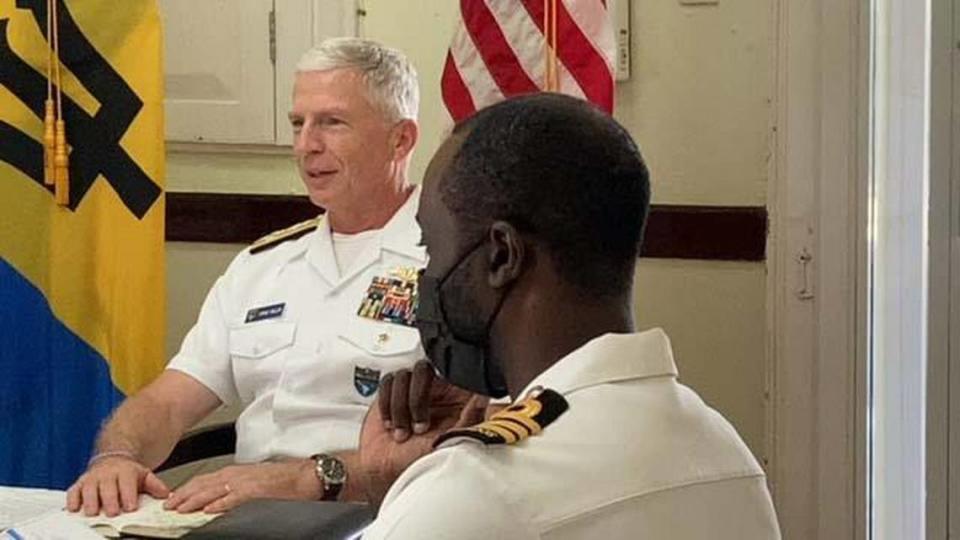 U.S. Navy Adm. Craig Faller, commander of Doral-based U.S. Southern Command, meets with officers in the Barbados Defense Force during a visit in mid-August ahead of ending his leadership at the helm on Oct. 29, 2021.